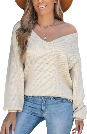 CUPSHE Women's Long Sleeve Sweater V Neck 2024 Fall Bow Oversized Pullover Tops