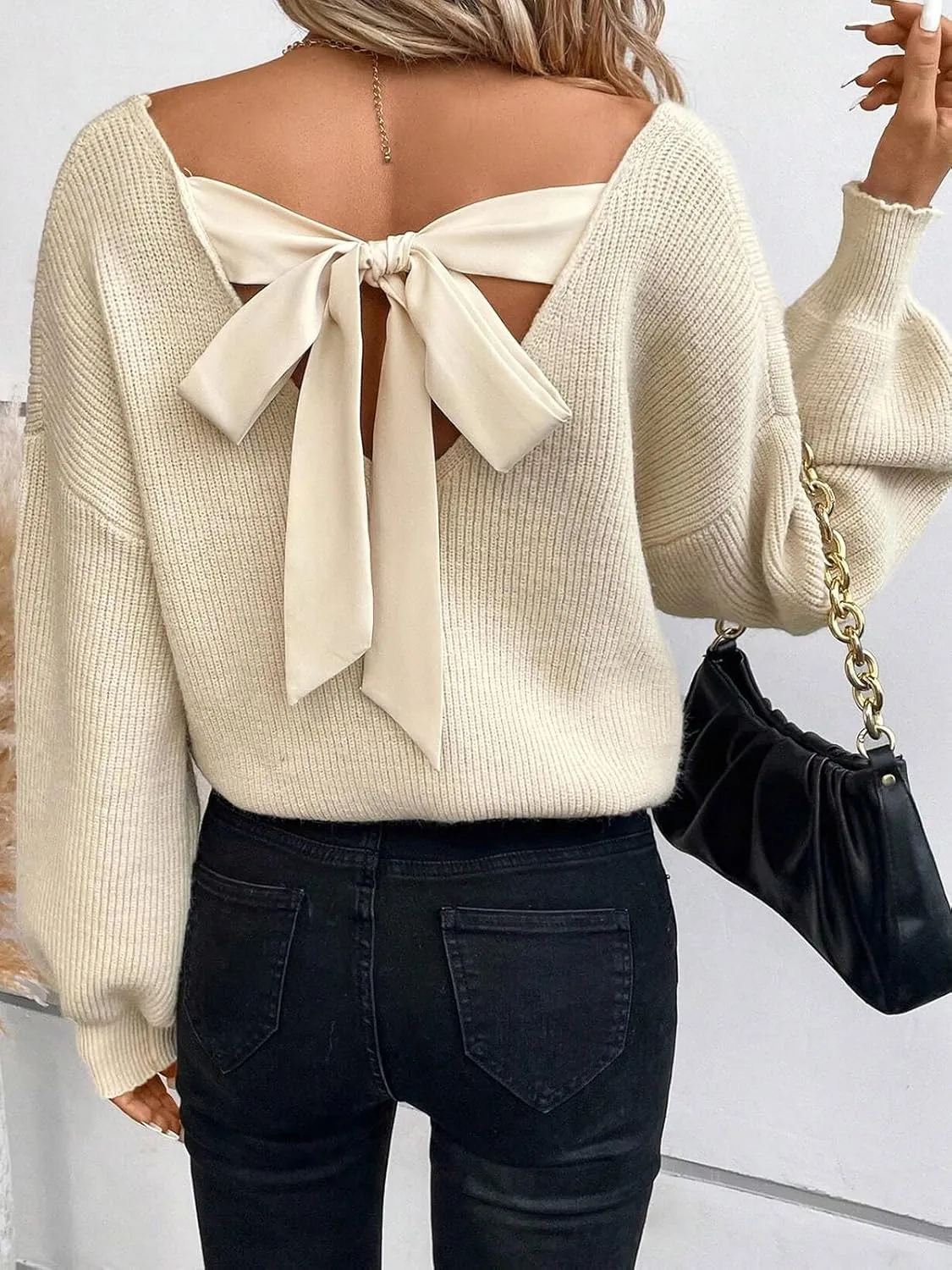 CUPSHE Women's Long Sleeve Sweater V Neck 2024 Fall Bow Oversized Pullover Tops