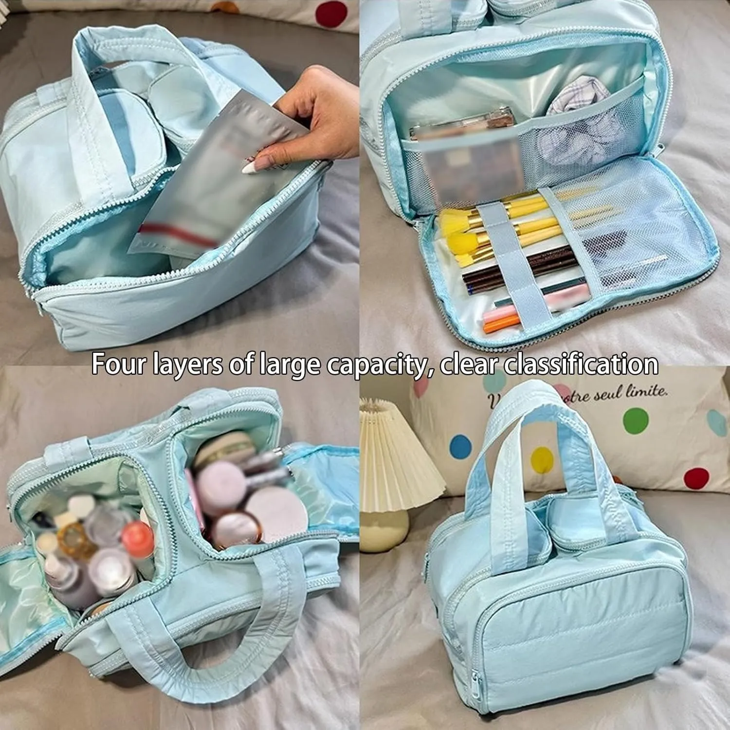 Cureaway Travel Cosmetic Bag, Large Capacity Wide-Open Travel Cosmetic Bag, 4-In-1 Waterproof Portable Pouch Open Flat Toiletry Bags, Dry-And-Wet Separation (Blue,One Size)