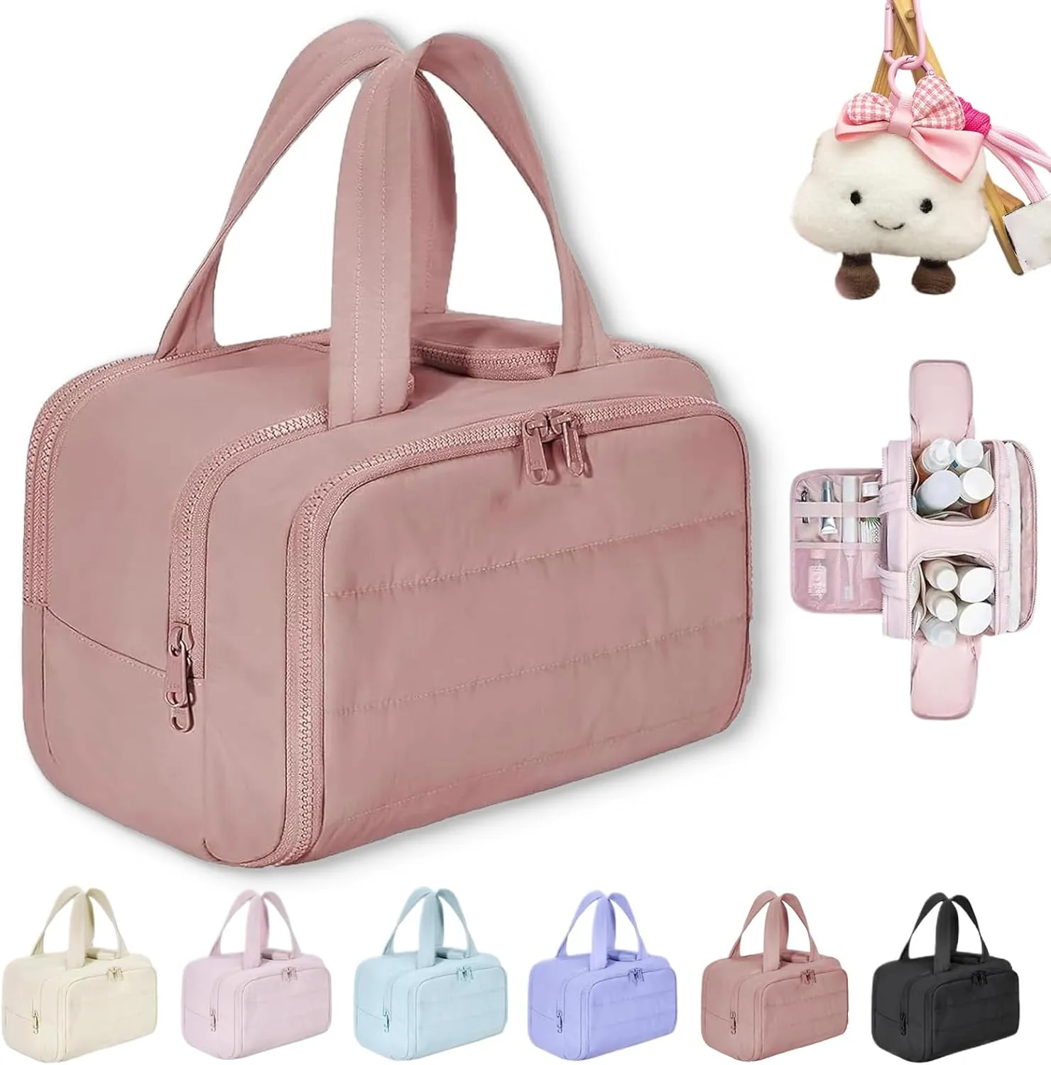 Cureaway Travel Cosmetic Bag, Large Capacity Wide-Open Travel Cosmetic Bag, 4-In-1 Waterproof Portable Pouch Open Flat Toiletry Bags, Dry-And-Wet Separation (Dark Pink,One Size)