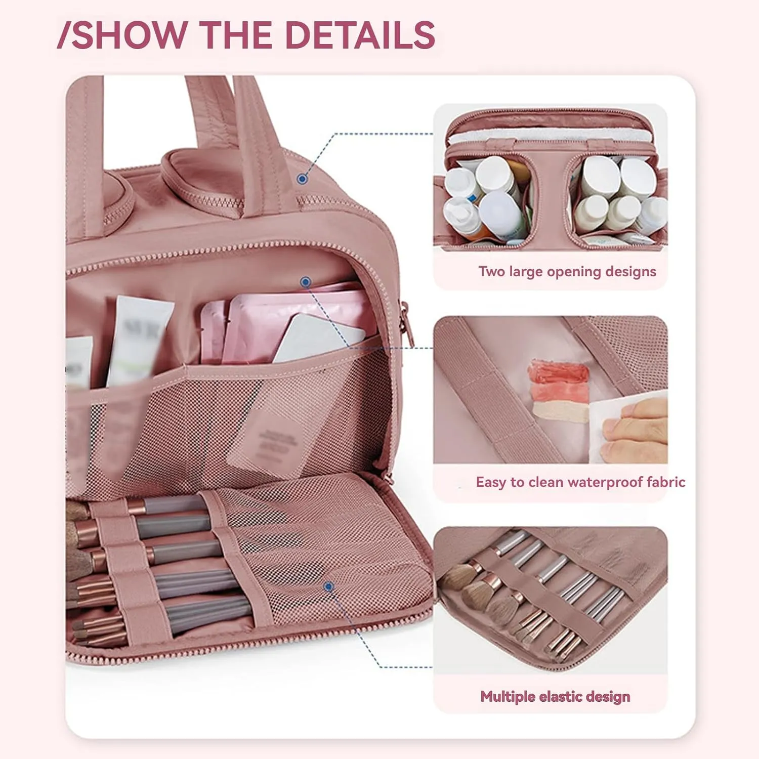 Cureaway Travel Cosmetic Bag, Large Capacity Wide-Open Travel Cosmetic Bag, 4-In-1 Waterproof Portable Pouch Open Flat Toiletry Bags, Dry-And-Wet Separation (Dark Pink,One Size)