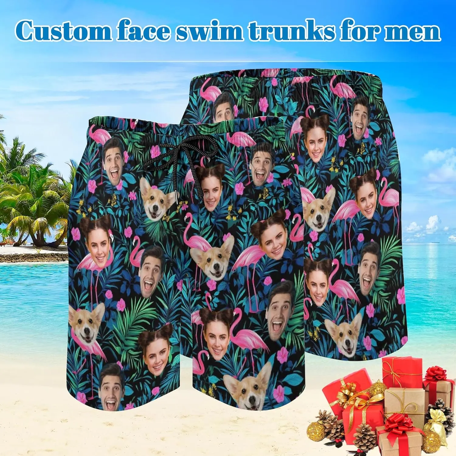 Custom Face Swim Trunks for Mens, Personalized Funny Beach Shorts with Faces Photo, Customized Swim Shorts Gift for Birthday