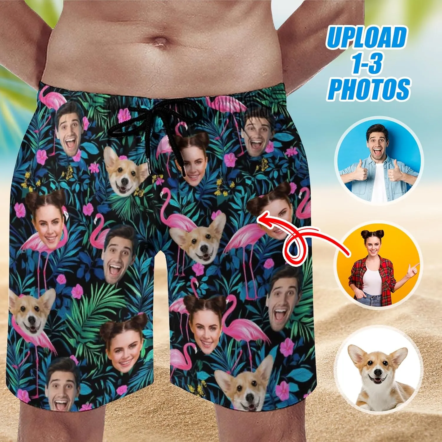 Custom Face Swim Trunks for Mens, Personalized Funny Beach Shorts with Faces Photo, Customized Swim Shorts Gift for Birthday