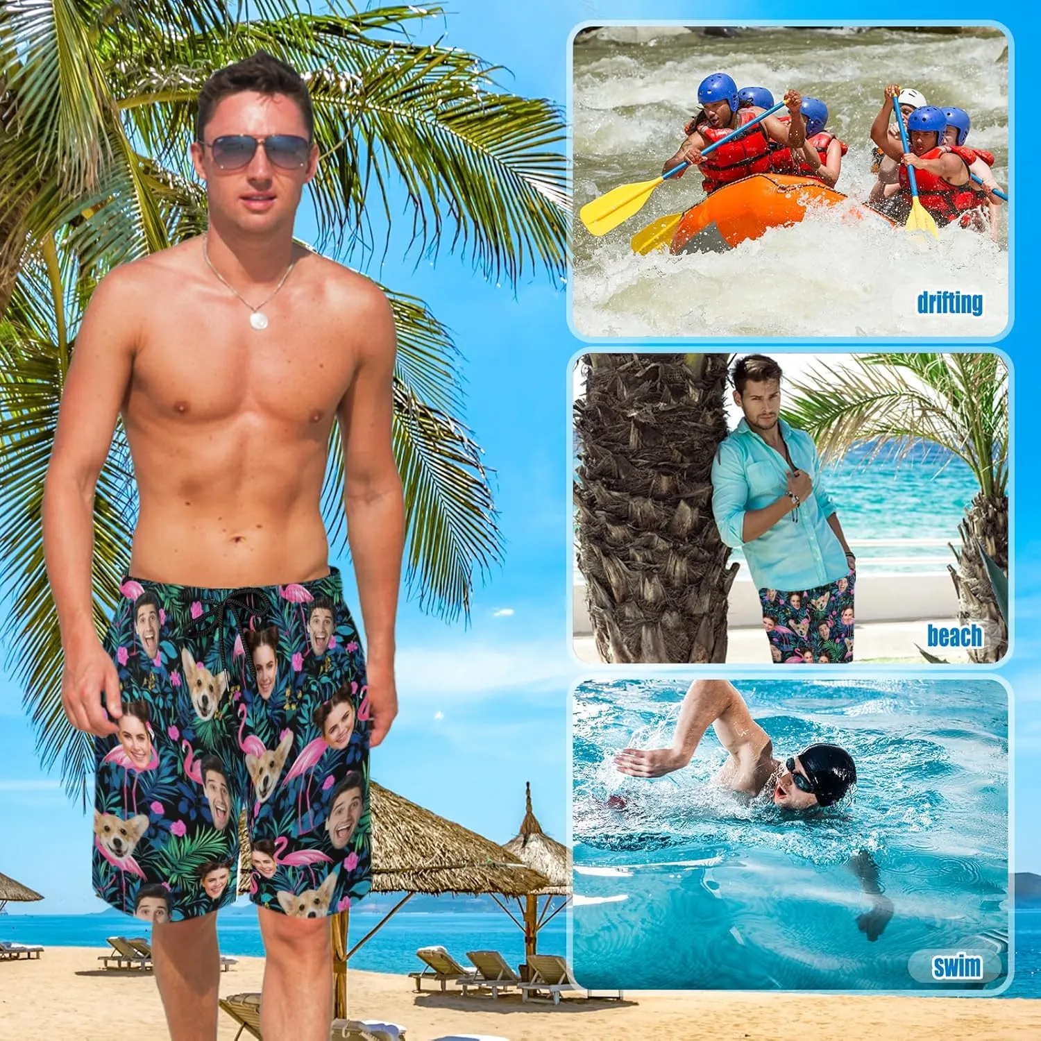 Custom Face Swim Trunks for Mens, Personalized Funny Beach Shorts with Faces Photo, Customized Swim Shorts Gift for Birthday