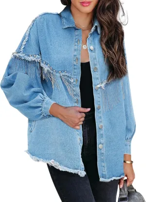 Daacee Oversized Fringe Denim Jacket for Women Frayed Sparkly Tassel Jean Shacket Cowgirl Western Country Concert Outfits