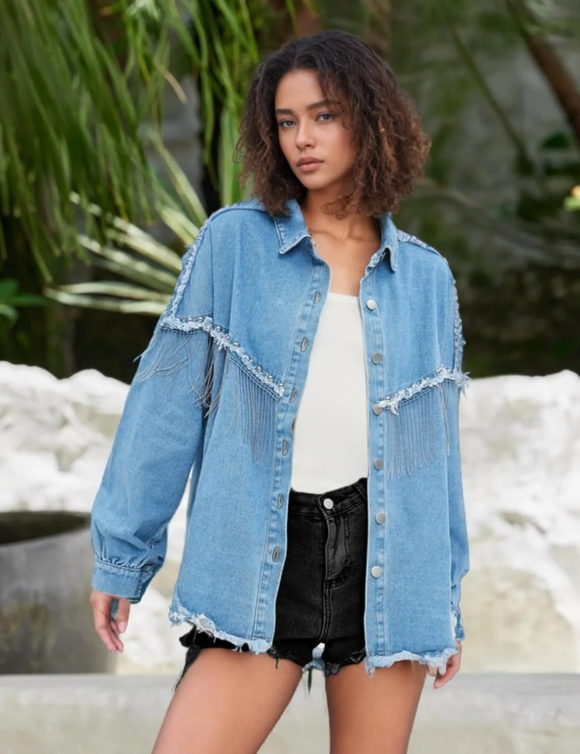 Daacee Oversized Fringe Denim Jacket for Women Frayed Sparkly Tassel Jean Shacket Cowgirl Western Country Concert Outfits