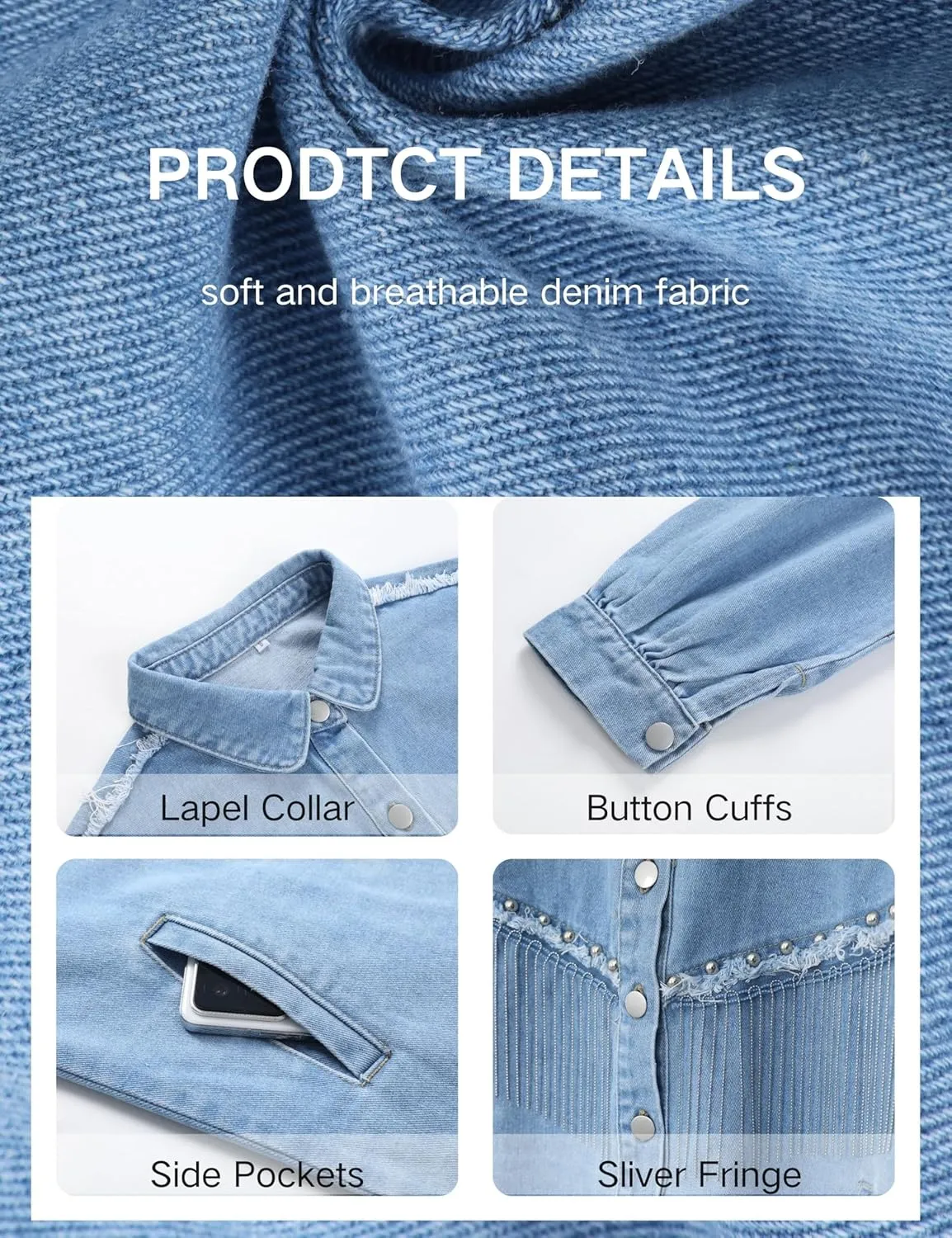 Daacee Oversized Fringe Denim Jacket for Women Frayed Sparkly Tassel Jean Shacket Cowgirl Western Country Concert Outfits