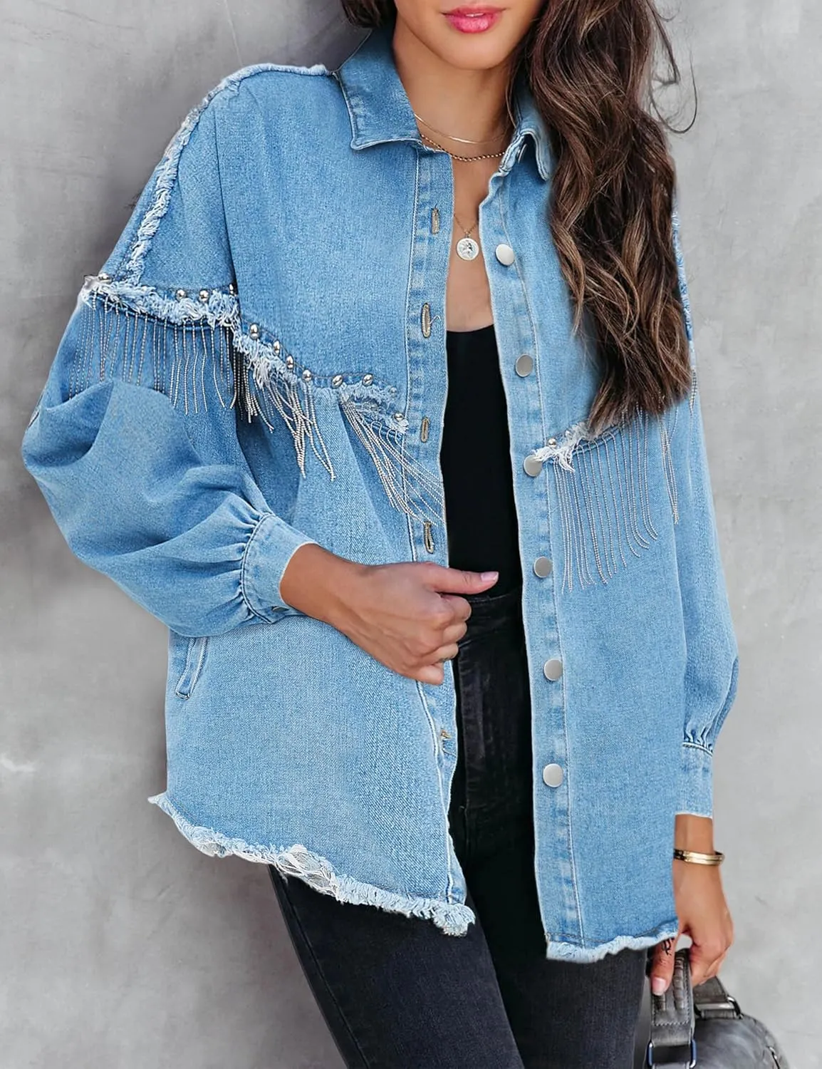Daacee Oversized Fringe Denim Jacket for Women Frayed Sparkly Tassel Jean Shacket Cowgirl Western Country Concert Outfits