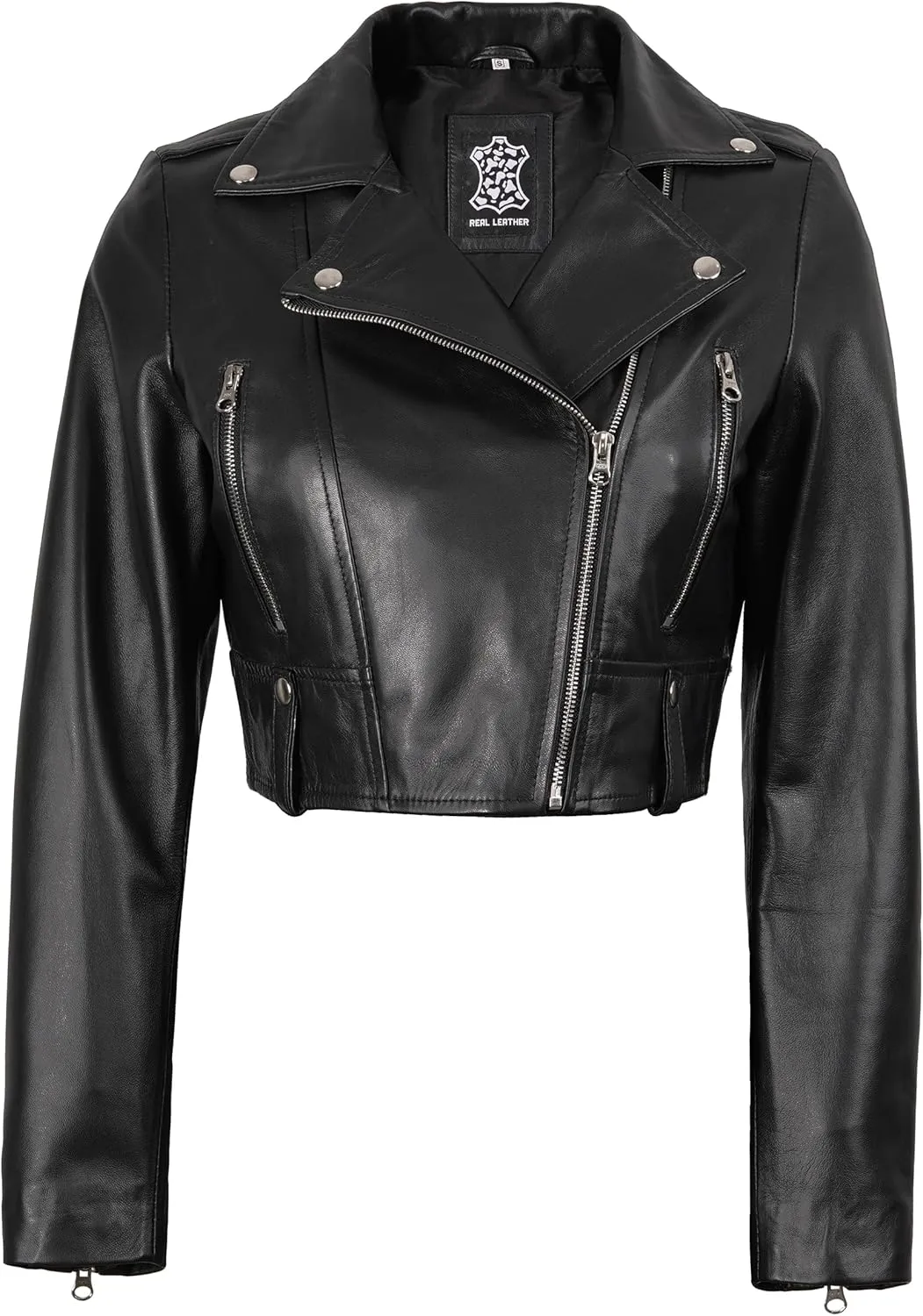 Decrum Cropped Leather Jacket Women  Trendy Black Short Real Lambskin Womens Leather Jacket