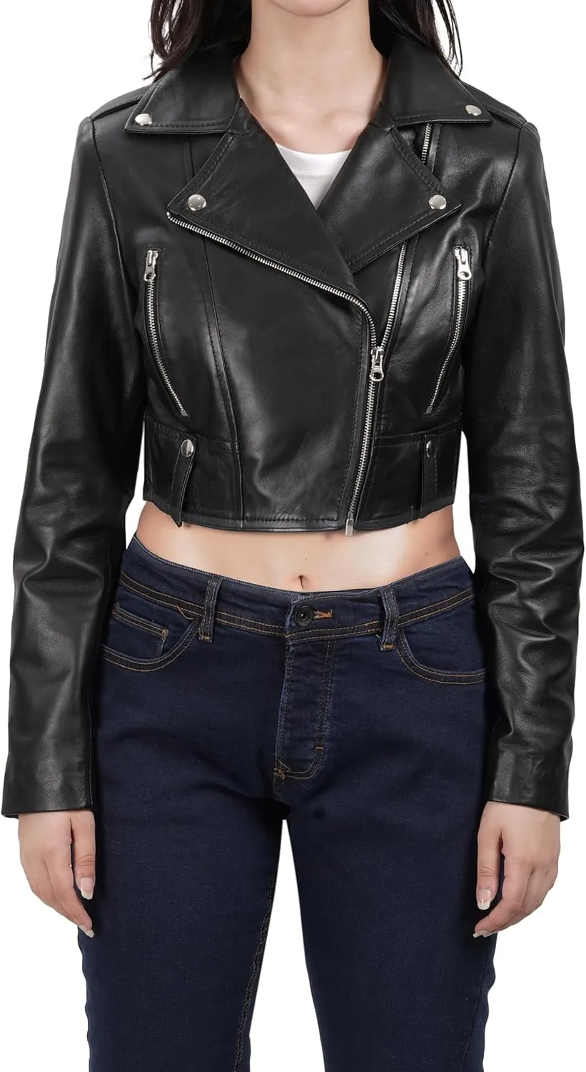 Decrum Cropped Leather Jacket Women  Trendy Black Short Real Lambskin Womens Leather Jacket