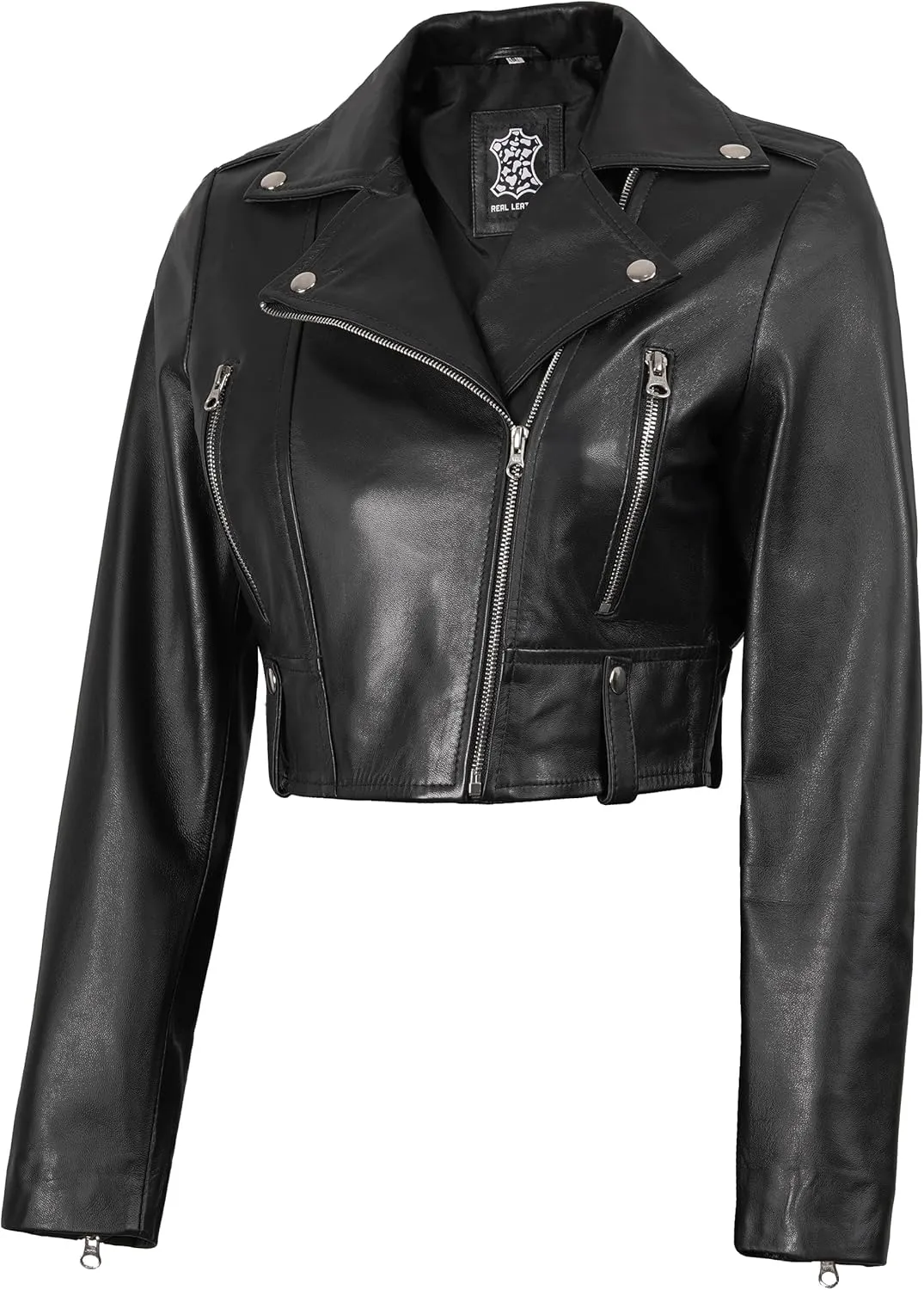 Decrum Cropped Leather Jacket Women  Trendy Black Short Real Lambskin Womens Leather Jacket