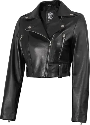 Decrum Cropped Leather Jacket Women  Trendy Black Short Real Lambskin Womens Leather Jacket