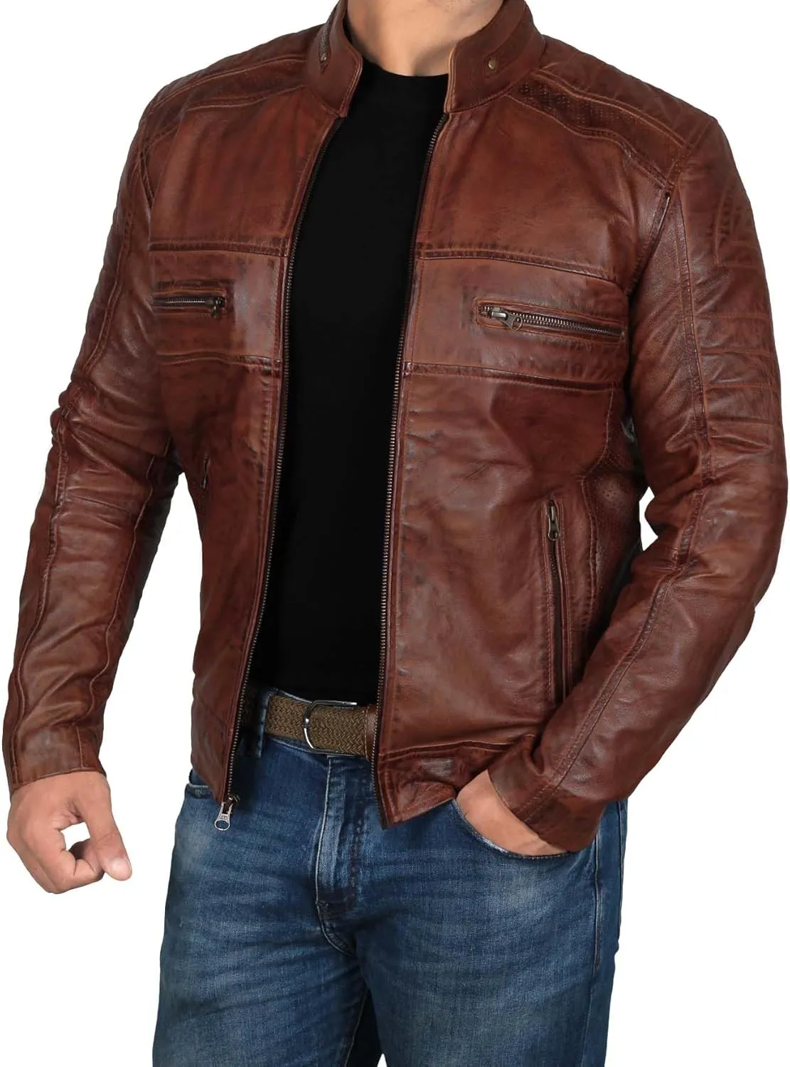 Decrum Real Leather Jacket Men - Motorcycle Black and Brown Leather Jacket