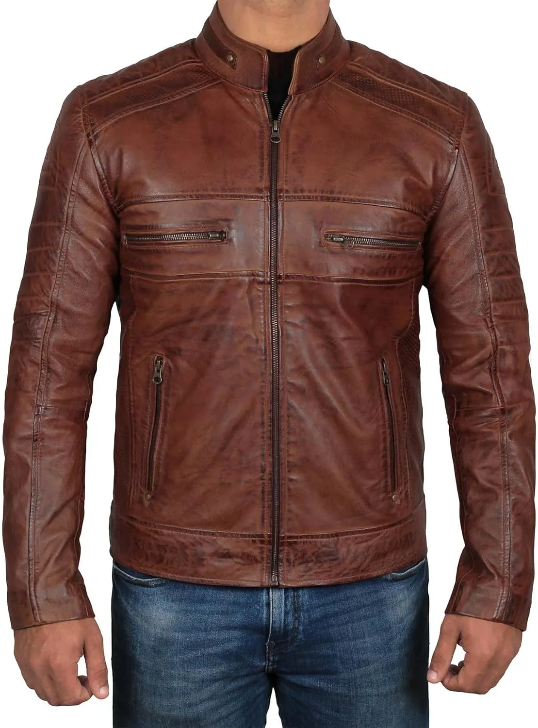 Decrum Real Leather Jacket Men - Motorcycle Black and Brown Leather Jacket