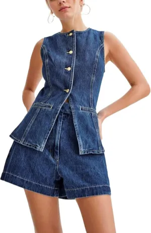 Denim Sets for Women 2 Piece Waistcoat Old Money Button Down Vest and Shorts Y2k Blazer Shorts Elegant Set