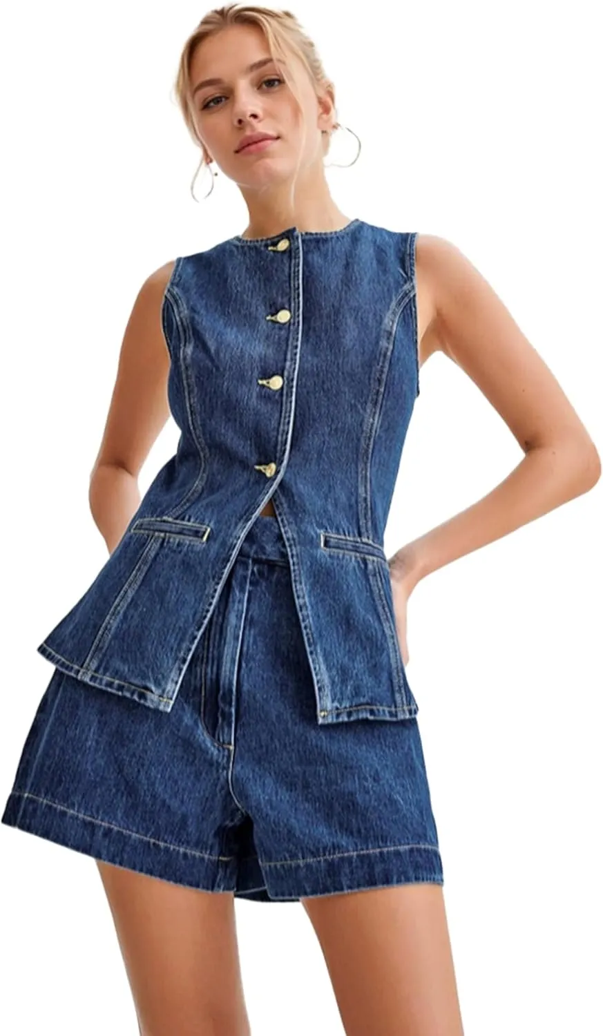Denim Sets for Women 2 Piece Waistcoat Old Money Button Down Vest and Shorts Y2k Blazer Shorts Elegant Set