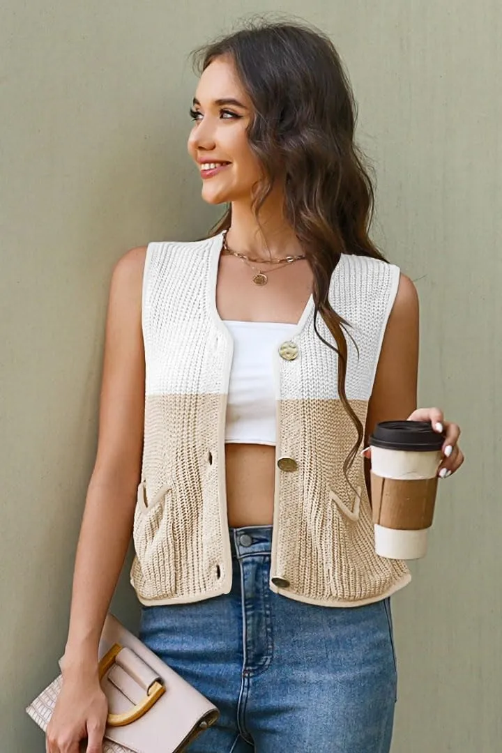 Disamer Sleeveless Sweater Vest for Women Crochet Knit Button Down Crop Cardigan Sleeveless Tank Tops with Pockets