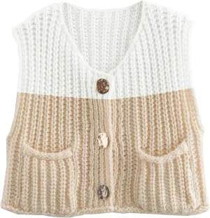 Disamer Sleeveless Sweater Vest for Women Crochet Knit Button Down Crop Cardigan Sleeveless Tank Tops with Pockets