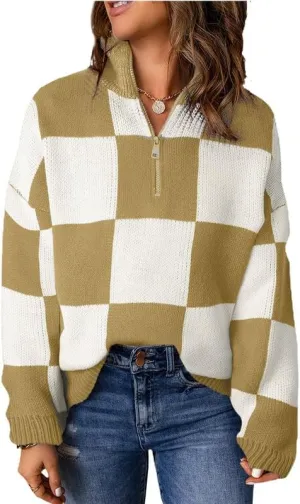 Dokotoo Womens Sweaters Long Sleeve 1/4 Zip Pullover Polo V Neck Dressy Casual Tops