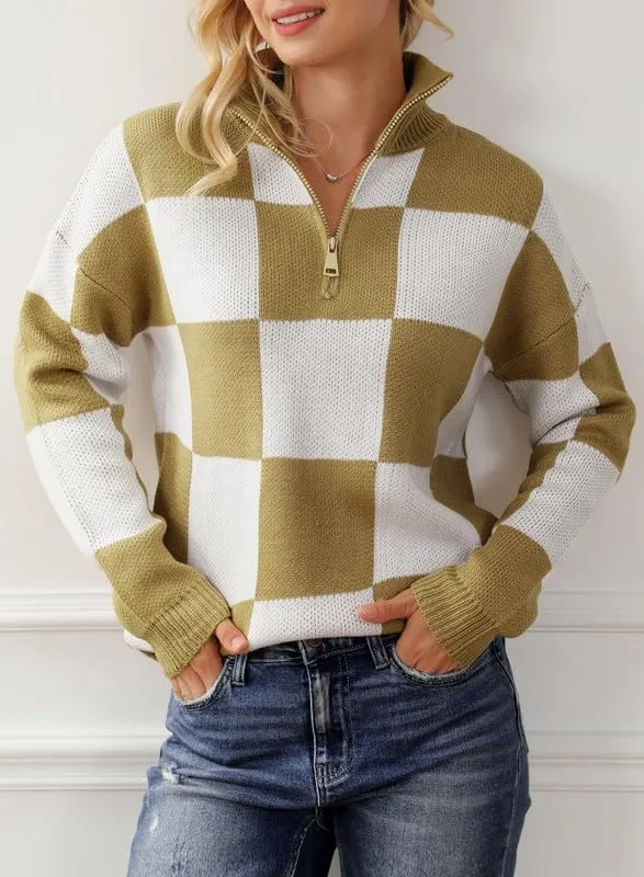 Dokotoo Womens Sweaters Long Sleeve 1/4 Zip Pullover Polo V Neck Dressy Casual Tops
