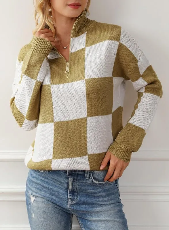 Dokotoo Womens Sweaters Long Sleeve 1/4 Zip Pullover Polo V Neck Dressy Casual Tops