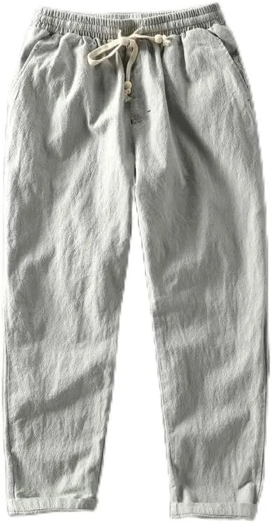 Drawstring Linen Pants, Relaxed Fit, Light Gray, One Size