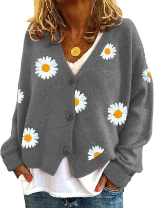 ebossy Women's Cute Embroidery Daisy Floral Knit Cardigan Open Front Button Up Y2K Artistic Aesthetic Sweater Outwear