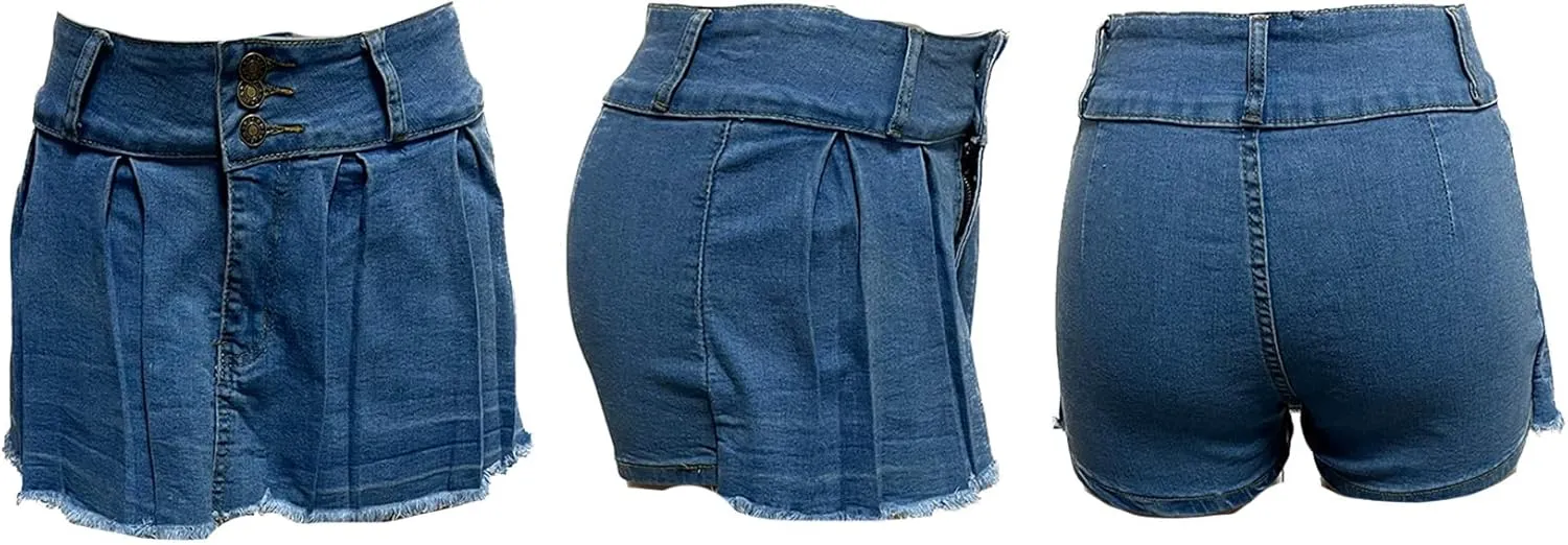 Ecirod Womens Summer Denim Pleated Mini Skorts Frayed Raw Hem High Waisted Slit Bodycon Jean Skirt Shorts with Pockets