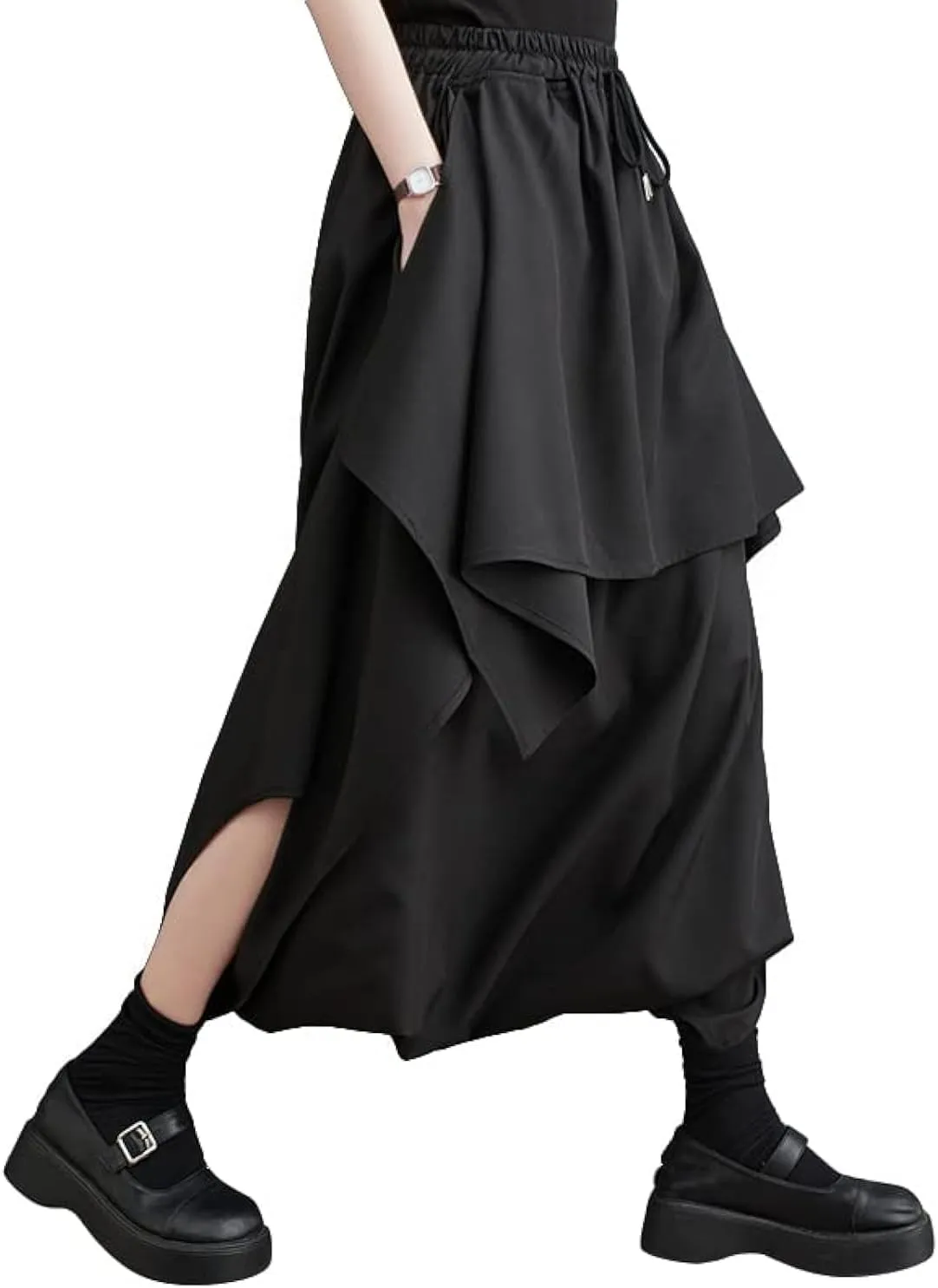 ellazhu Women's Solid Color Wide Leg Pants Skirt with Side Pockets Casual Lounge Wear Culottes Style Harem Pants GY2807 A