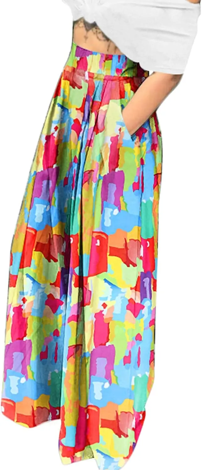 Famnbro Women's Floral Print Palazzo Pants Loose Fit Elastic High Waist Long Wide Leg Trousers Plus Size