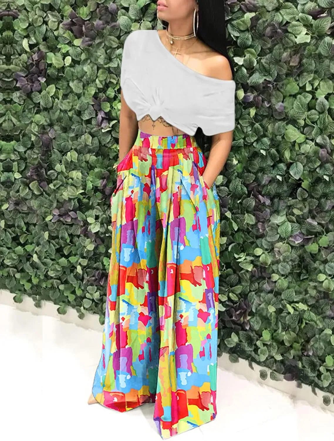 Famnbro Women's Floral Print Palazzo Pants Loose Fit Elastic High Waist Long Wide Leg Trousers Plus Size