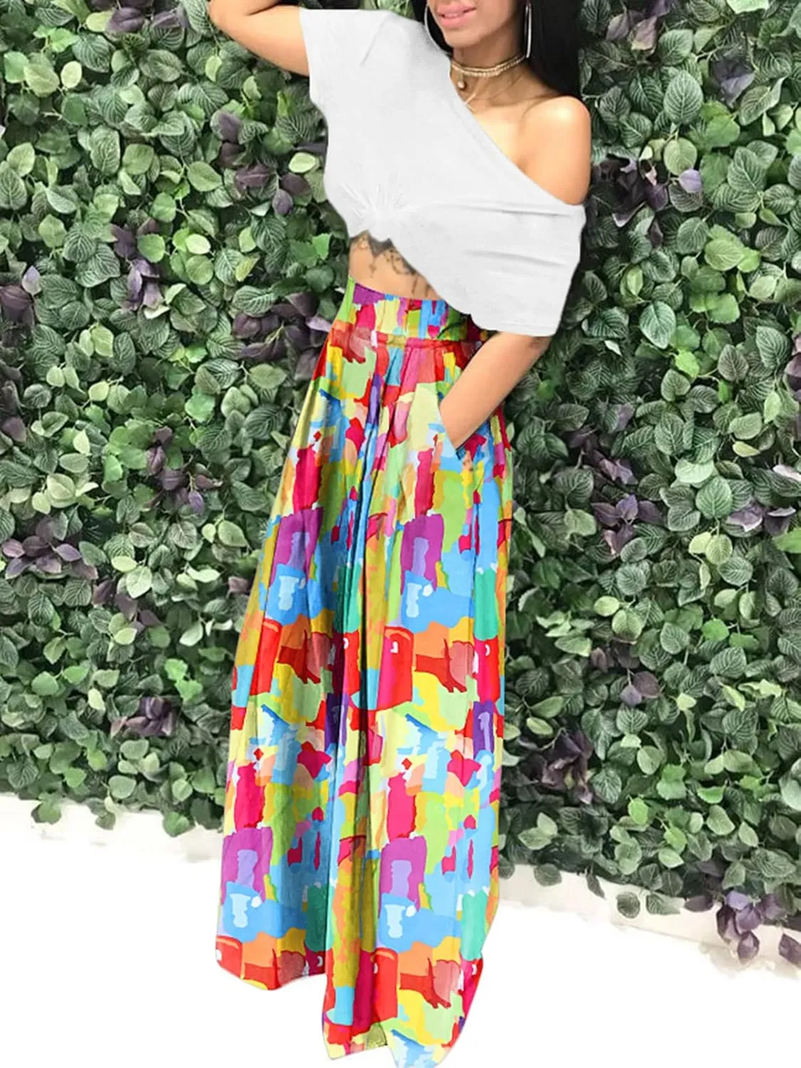Famnbro Women's Floral Print Palazzo Pants Loose Fit Elastic High Waist Long Wide Leg Trousers Plus Size