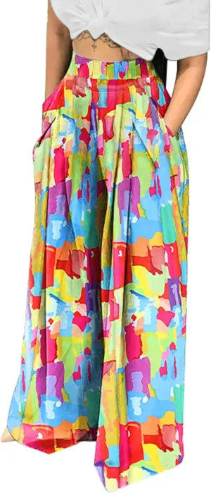 Famnbro Women's Floral Print Palazzo Pants Loose Fit Elastic High Waist Long Wide Leg Trousers Plus Size