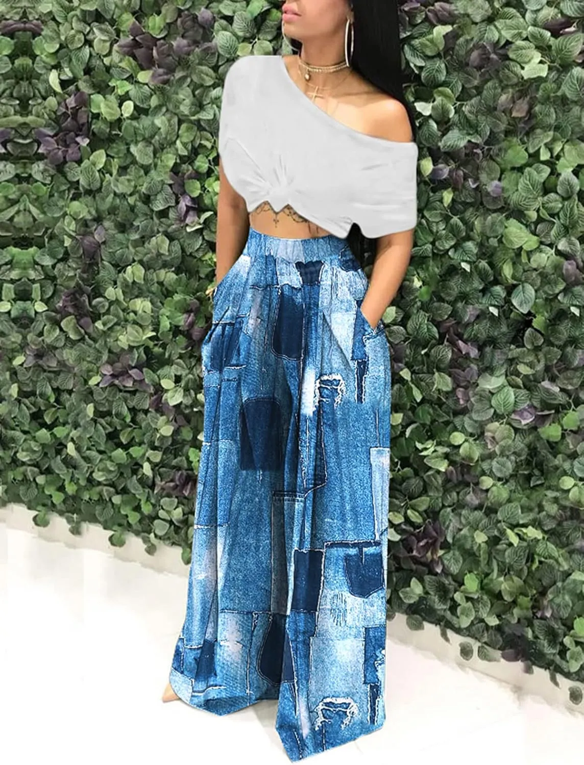 Famnbro Women's Floral Print Palazzo Pants Loose Fit Elastic High Waist Long Wide Leg Trousers Plus Size