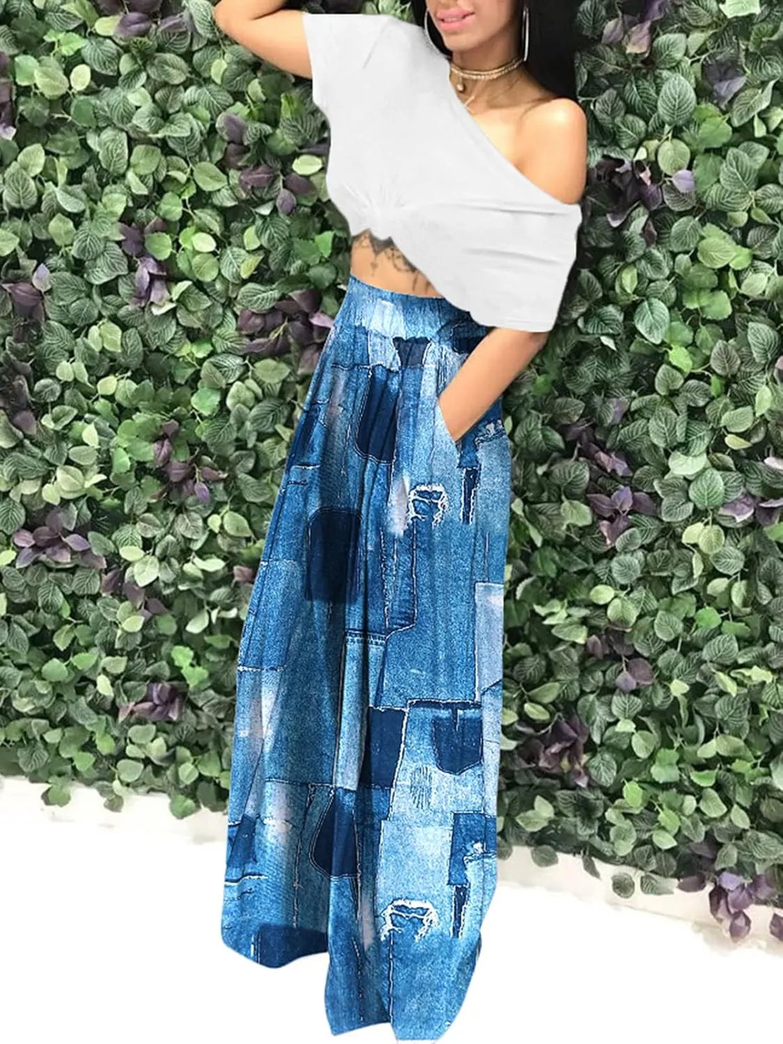 Famnbro Women's Floral Print Palazzo Pants Loose Fit Elastic High Waist Long Wide Leg Trousers Plus Size