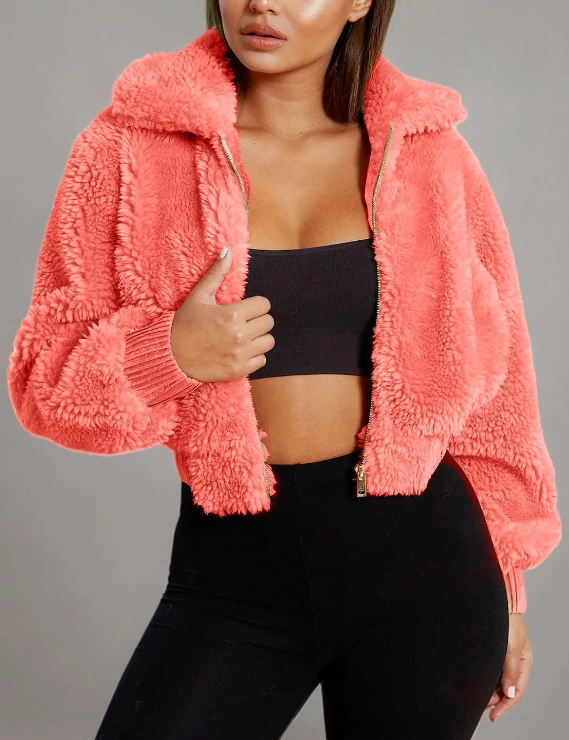 FANCYINN Womens Teddy Cropped Faux Fur Jacket Furry Lapel Coat Zip Up with Pockets Warm Winter