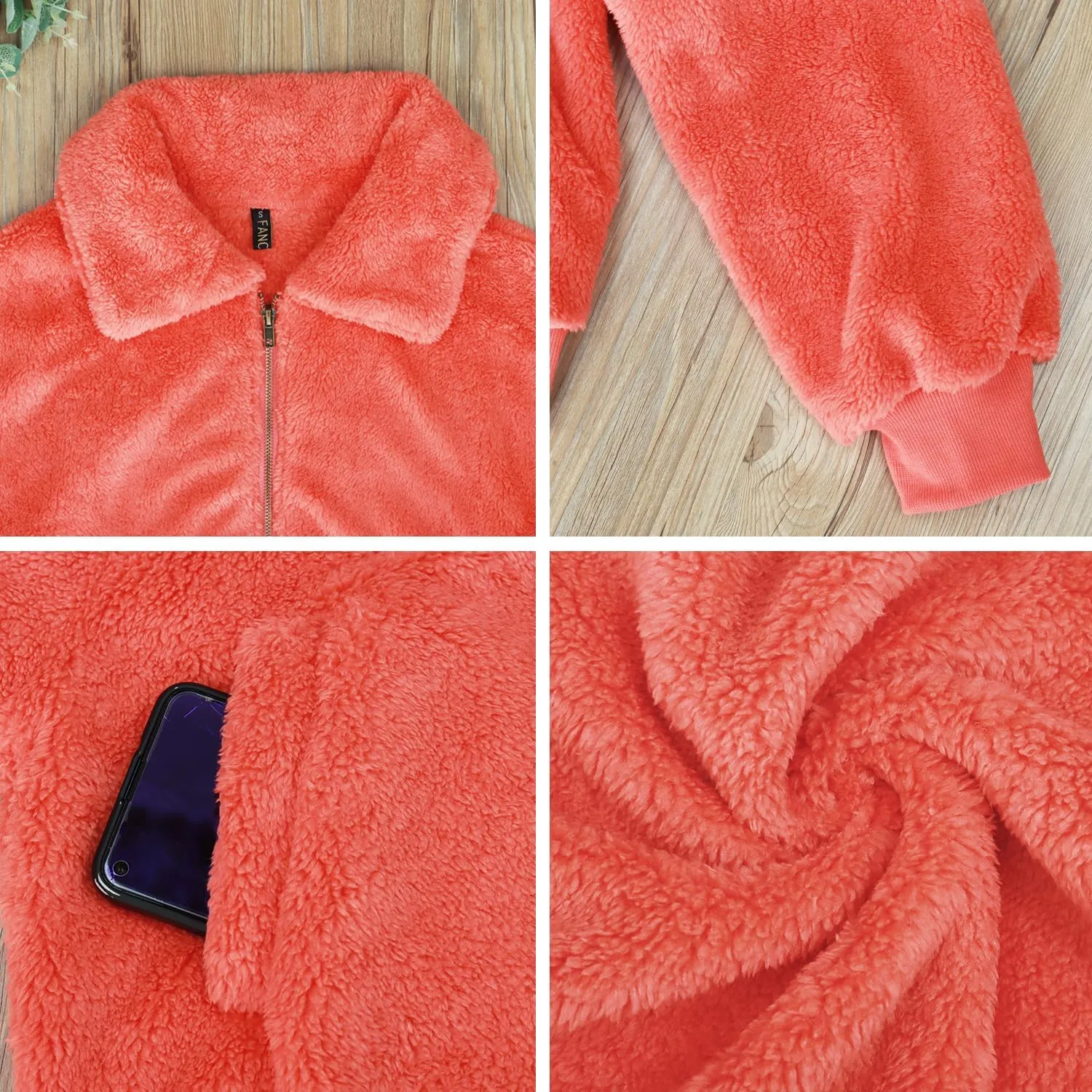 FANCYINN Womens Teddy Cropped Faux Fur Jacket Furry Lapel Coat Zip Up with Pockets Warm Winter