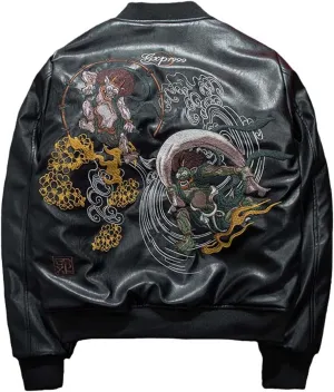 Faux Leather Jacket Men Winter Warm Ghost Embroidered Coat Cotton Padded Hip Hop Baseball Clothes