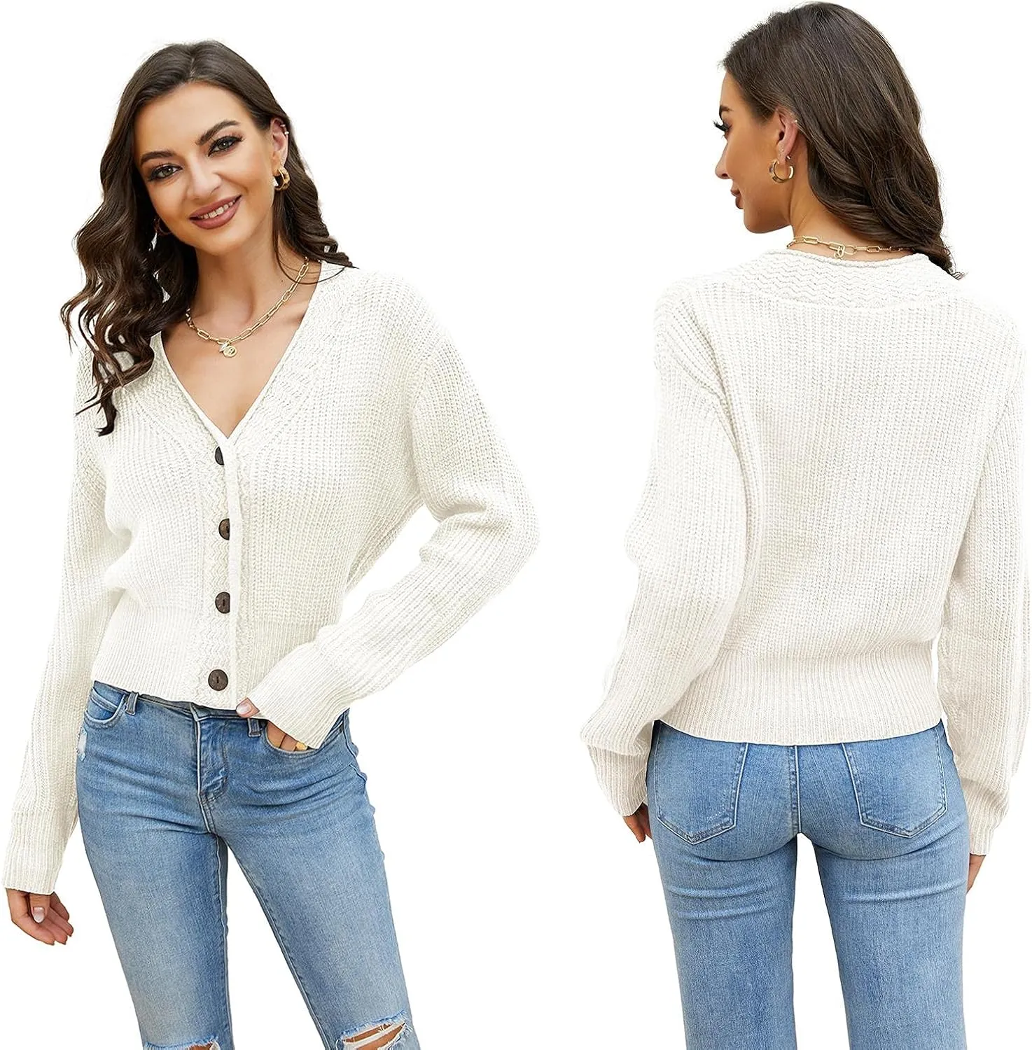 Febriajuce Women's Long Sleeve V-Neck Button Down Rib Knit Cropped Cardigan Sweater