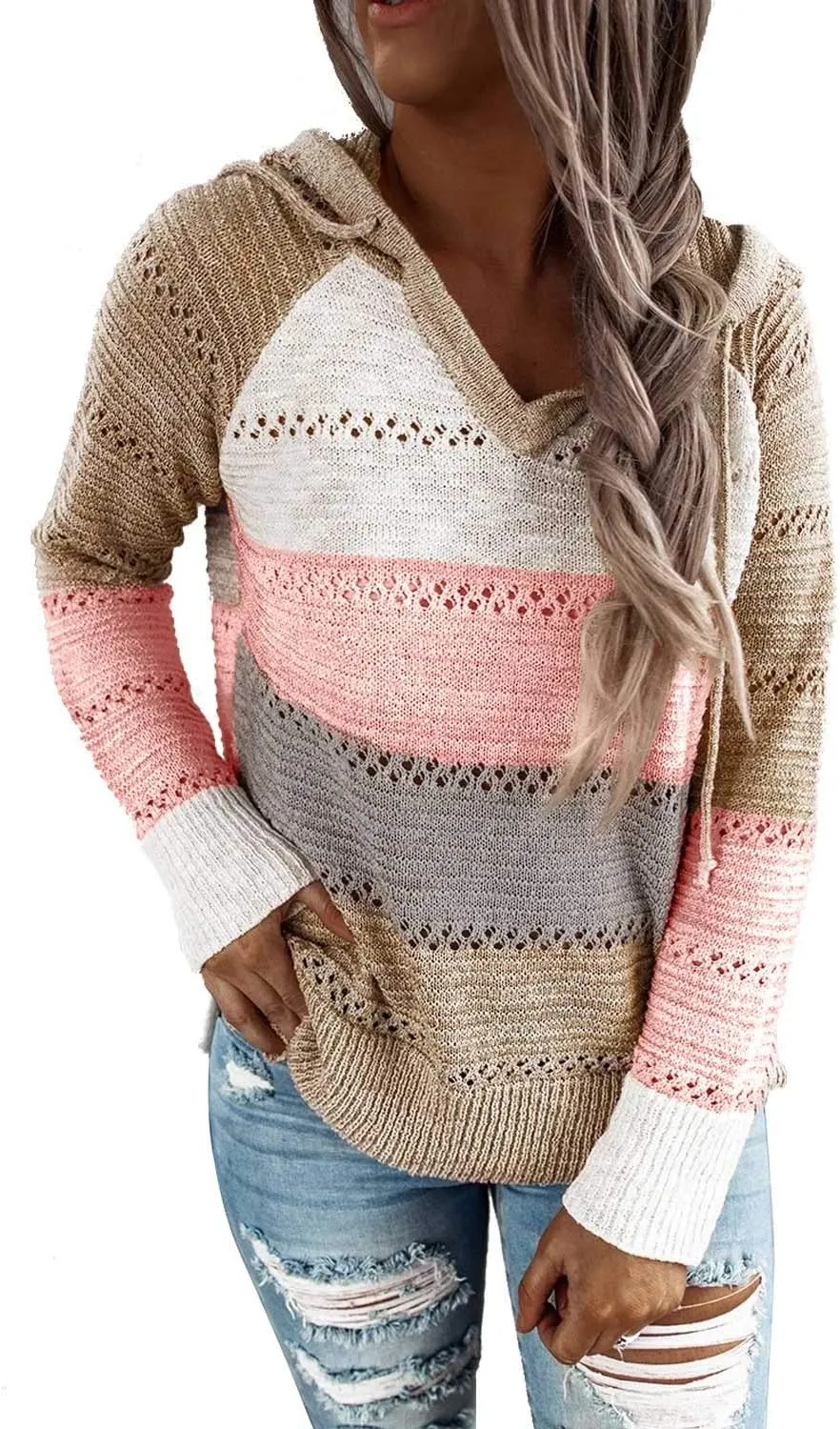 FEKOAFE Women's 2025 Fall Striped Color Block Hoodies Fashion V Neck Knit Sweater Pullovers
