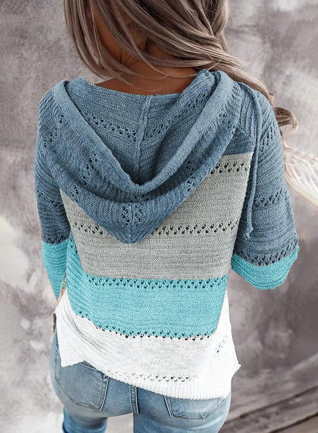 FEKOAFE Women's 2025 Fall Striped Color Block Hoodies Fashion V Neck Knit Sweater Pullovers