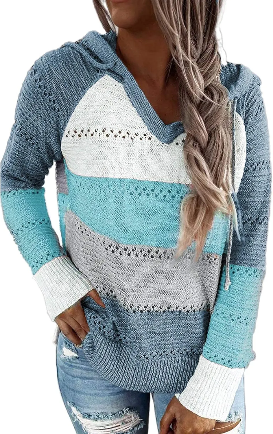 FEKOAFE Women's 2025 Fall Striped Color Block Hoodies Fashion V Neck Knit Sweater Pullovers
