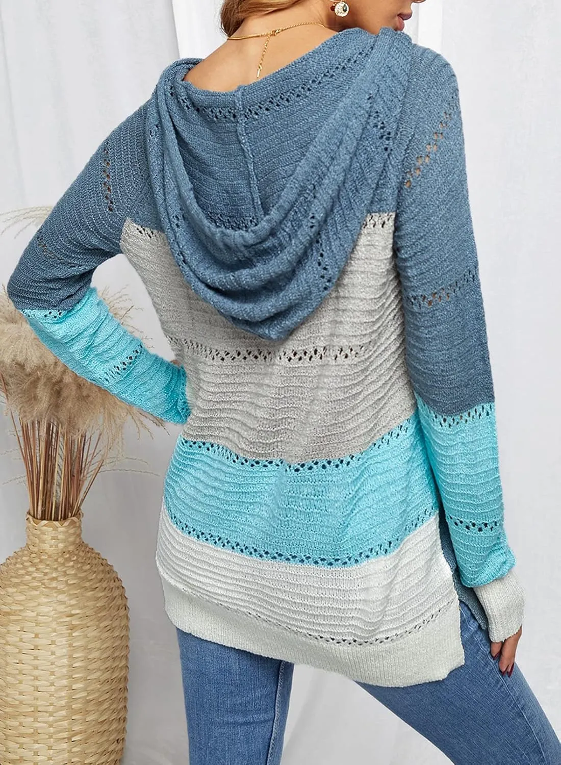 FEKOAFE Women's 2025 Fall Striped Color Block Hoodies Fashion V Neck Knit Sweater Pullovers
