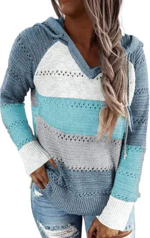 FEKOAFE Women's 2025 Fall Striped Color Block Hoodies Fashion V Neck Knit Sweater Pullovers