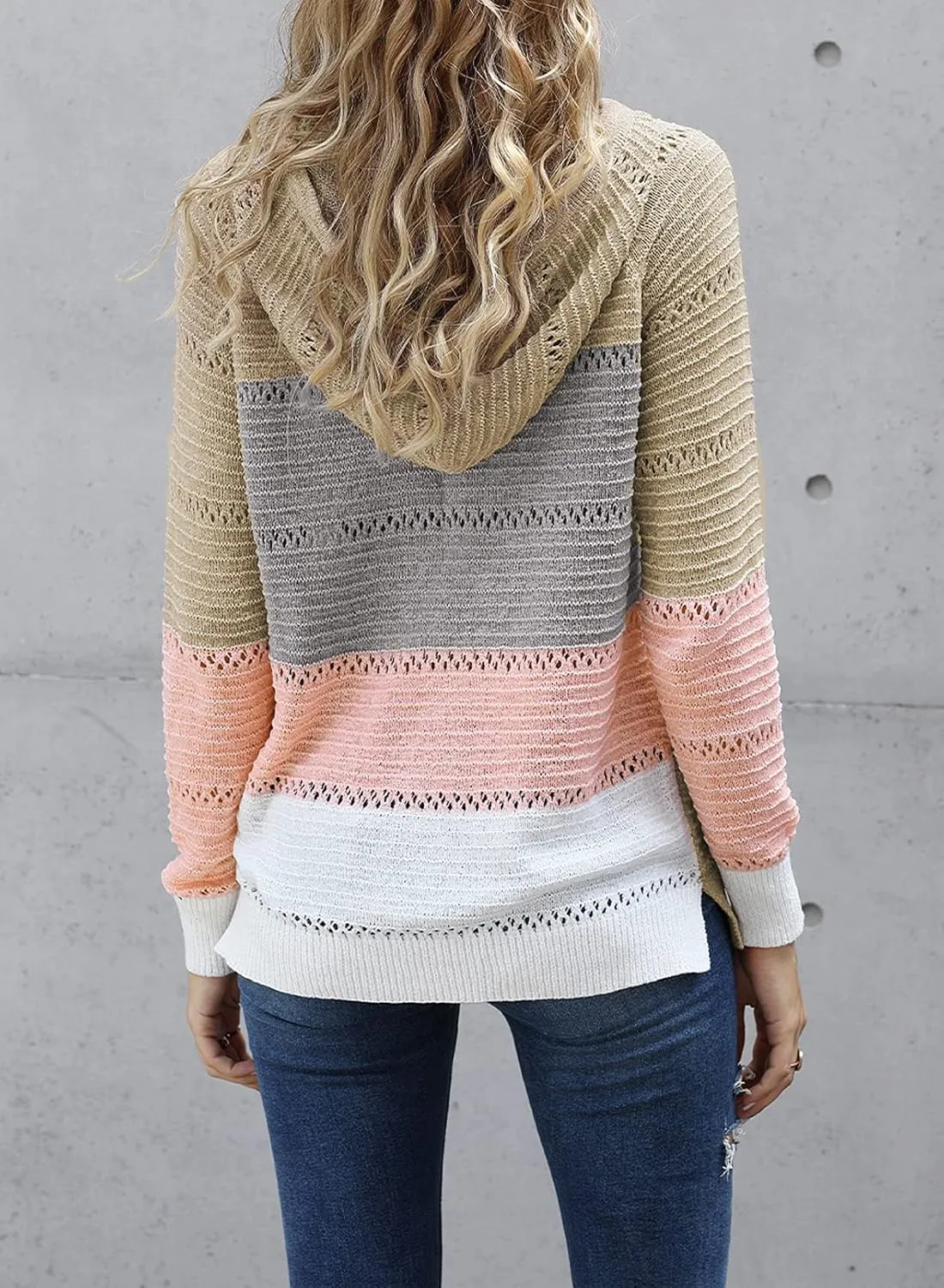FEKOAFE Women's 2025 Fall Striped Color Block Hoodies Fashion V Neck Knit Sweater Pullovers