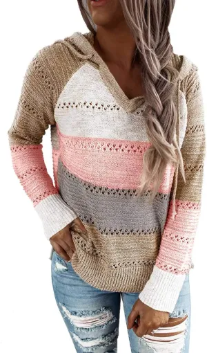 FEKOAFE Women's 2025 Fall Striped Color Block Hoodies Fashion V Neck Knit Sweater Pullovers