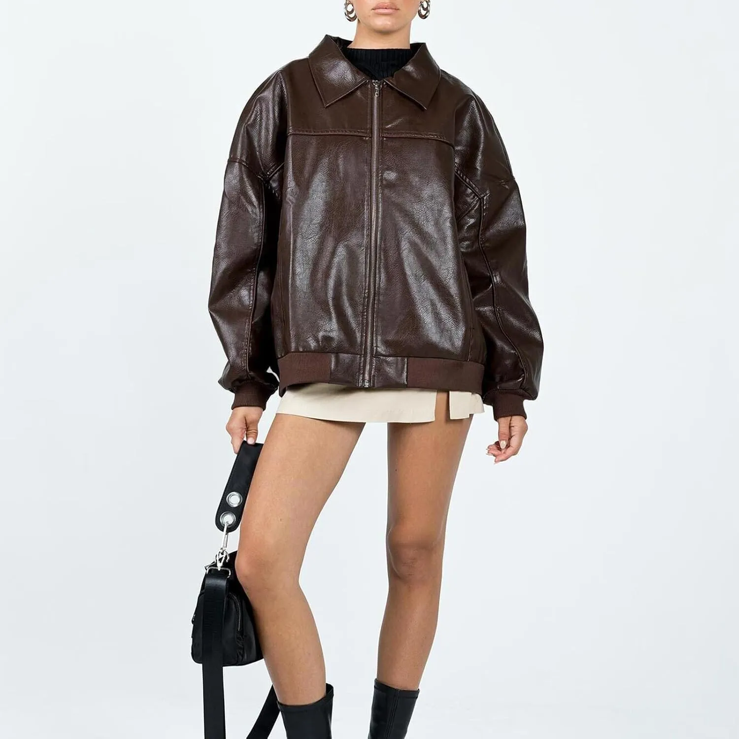 FEORJGP Womens PU Leather Biker Jacket Coat Windbreaker Faux Fur Jacket Outerwear Coat Motorcycle Jacket Y2K 90s Streetwear