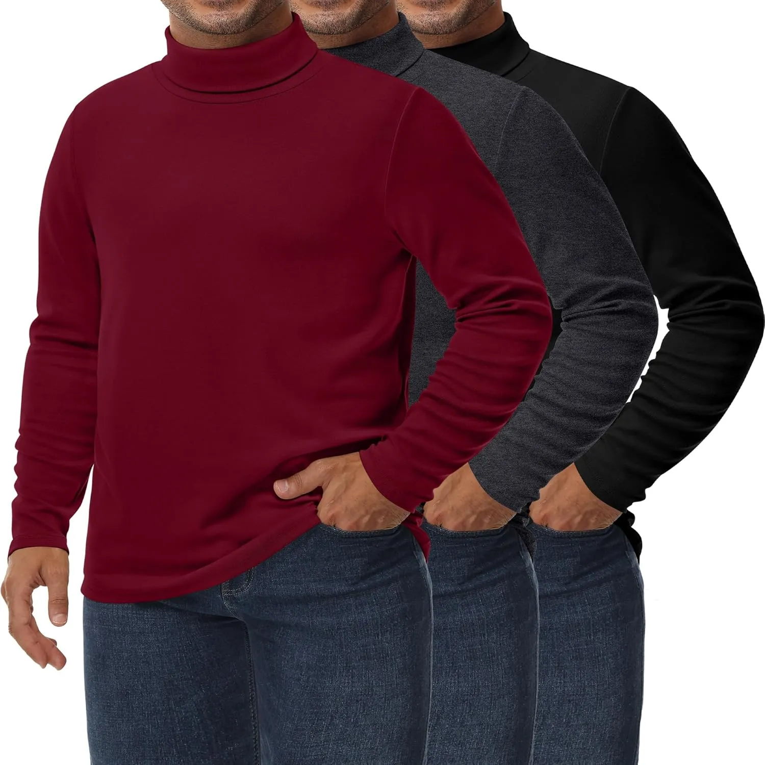 Ficerd 3 Pack Men's Big and Tall Turtleneck Shirts Cotton Long Sleeve Turtle Neck Tops Plus Size Loose Fit Basic Tee