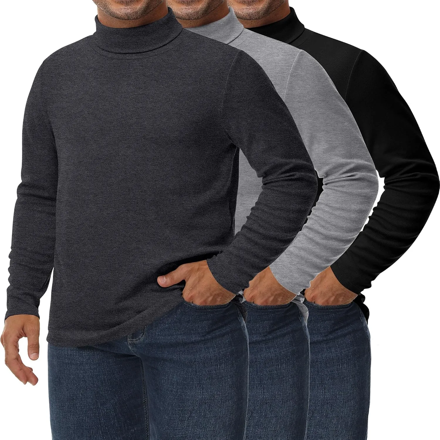 Ficerd 3 Pack Men's Big and Tall Turtleneck Shirts Cotton Long Sleeve Turtle Neck Tops Plus Size Loose Fit Basic Tee