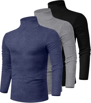 Ficerd 3 Pack Men's Turtleneck Shirts, Long Sleeve Cotton Pullover Sweaters Mock Neck Knitted T Shirt Basic Slim Fit Tee Tops